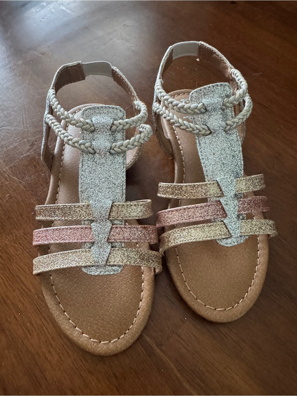 kidpik Girls Glitter Braided T-Strap Sandals - Rose Gold & Gold